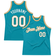 Load image into Gallery viewer, Custom Teal White-Old Gold Authentic Throwback Basketball Jersey
