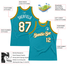 Load image into Gallery viewer, Custom Teal Gold-Black Authentic Throwback Basketball Jersey
