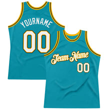 Load image into Gallery viewer, Custom Teal Gold-Black Authentic Throwback Basketball Jersey
