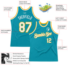 Load image into Gallery viewer, Custom Teal White-Gold Authentic Throwback Basketball Jersey
