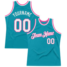 Load image into Gallery viewer, Custom Teal White-Pink Authentic Throwback Basketball Jersey
