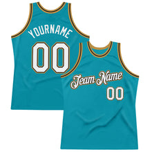 Load image into Gallery viewer, Custom Teal Black-Old Gold Authentic Throwback Basketball Jersey
