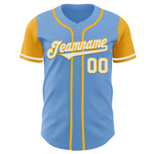 Load image into Gallery viewer, Custom Light Blue White-Gold Authentic Two Tone Baseball Jersey
