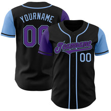 Load image into Gallery viewer, Custom Black Purple-Light Blue Authentic Two Tone Baseball Jersey
