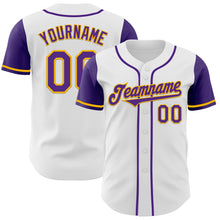 Load image into Gallery viewer, Custom White Purple-Gold Authentic Two Tone Baseball Jersey
