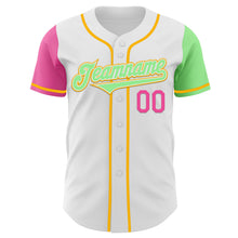 Load image into Gallery viewer, Custom White Pink Pea Green-Gold Authentic Two Tone Baseball Jersey
