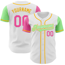 Load image into Gallery viewer, Custom White Pink Pea Green-Gold Authentic Two Tone Baseball Jersey
