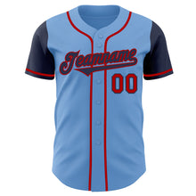 Load image into Gallery viewer, Custom Light Blue Navy-Red Authentic Two Tone Baseball Jersey
