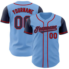 Load image into Gallery viewer, Custom Light Blue Navy-Red Authentic Two Tone Baseball Jersey

