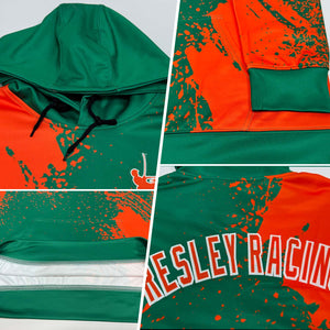 Custom Stitched Kelly Green Orange-White 3D Pattern Design Abstract Brush Stroke Sports Pullover Sweatshirt Hoodie