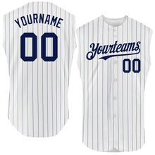 Load image into Gallery viewer, Custom White Navy Pinstripe Navy Authentic Sleeveless Baseball Jersey
