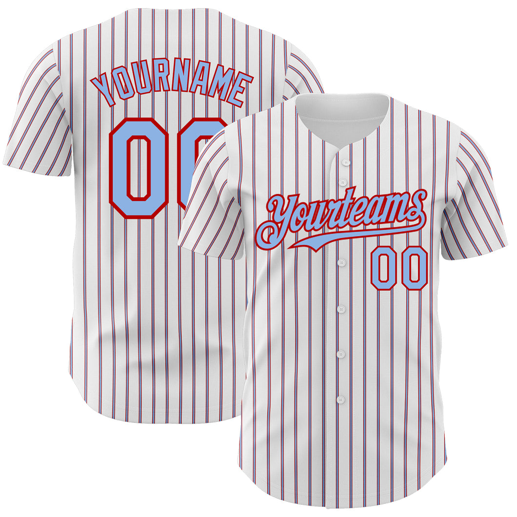 Custom White (Red Light Blue Pinstripe) Light Blue-Red Authentic Baseball Jersey