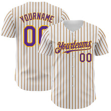 Load image into Gallery viewer, Custom White (Purple Gold Pinstripe) Purple-Gold Authentic Baseball Jersey
