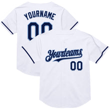 Load image into Gallery viewer, Custom White Navy-Light Blue Mesh Authentic Throwback Baseball Jersey
