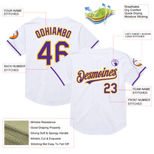 Load image into Gallery viewer, Custom White Purple-Gold Mesh Authentic Throwback Baseball Jersey
