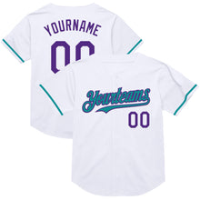 Load image into Gallery viewer, Custom White Purple-Teal Mesh Authentic Throwback Baseball Jersey
