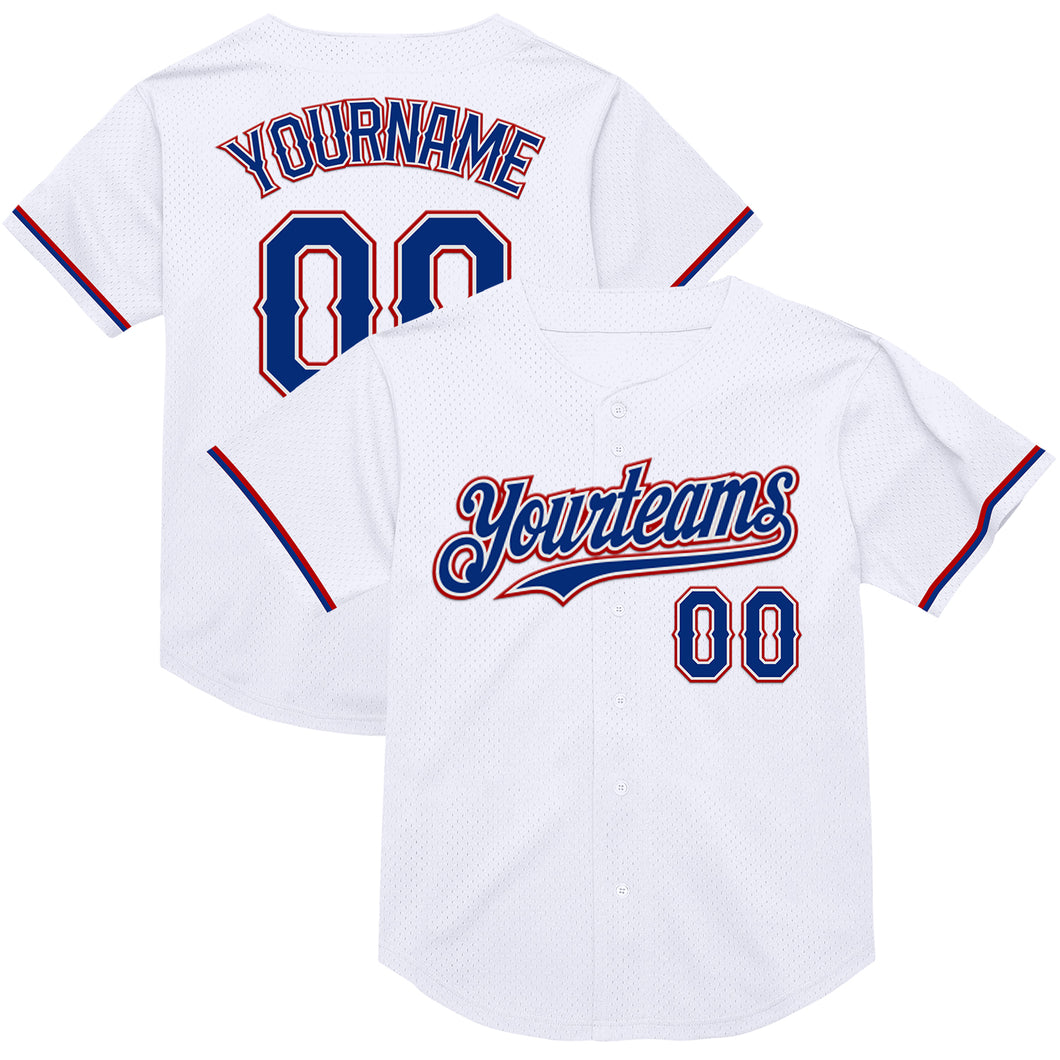 Custom White Royal-Red Mesh Authentic Throwback Baseball Jersey