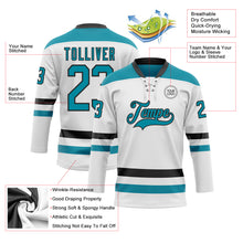 Load image into Gallery viewer, Custom White Teal-Black Hockey Lace Neck Jersey
