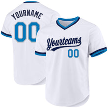 Load image into Gallery viewer, Custom White Blue Gray-Navy Authentic Throwback Baseball Jersey
