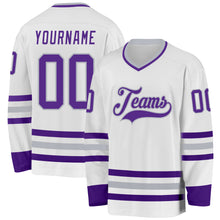 Load image into Gallery viewer, Custom White Purple-Gray Hockey Jersey
