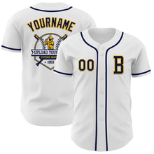 Load image into Gallery viewer, Custom White Navy-Gold Authentic Baseball Jersey
