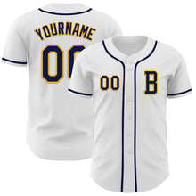 Load image into Gallery viewer, Custom White Navy-Gold Authentic Baseball Jersey
