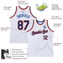 Load image into Gallery viewer, Custom White Royal-Orange Authentic Throwback Basketball Jersey
