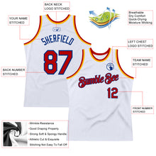 Load image into Gallery viewer, Custom White Red Royal-Gold Authentic Throwback Basketball Jersey
