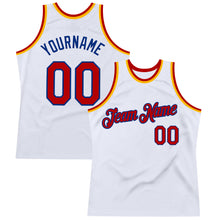 Load image into Gallery viewer, Custom White Red Royal-Gold Authentic Throwback Basketball Jersey
