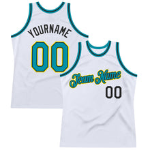 Load image into Gallery viewer, Custom White Teal Black-Light Yellow Authentic Throwback Basketball Jersey
