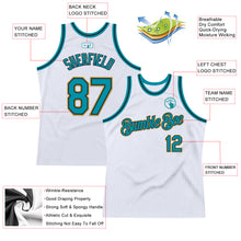 Load image into Gallery viewer, Custom White Teal Black-Old Gold Authentic Throwback Basketball Jersey
