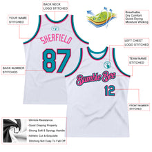 Load image into Gallery viewer, Custom White Teal Black-Pink Authentic Throwback Basketball Jersey
