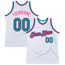 Load image into Gallery viewer, Custom White Teal Black-Pink Authentic Throwback Basketball Jersey
