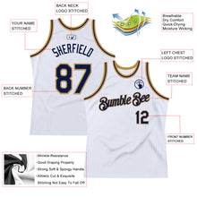 Load image into Gallery viewer, Custom White Navy-Old Gold Authentic Throwback Basketball Jersey
