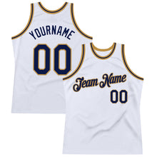Load image into Gallery viewer, Custom White Navy-Old Gold Authentic Throwback Basketball Jersey
