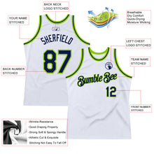 Load image into Gallery viewer, Custom White Navy-Neon Green Authentic Throwback Basketball Jersey
