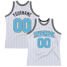 Load image into Gallery viewer, Custom White Black Pinstripe Sky Blue Authentic Basketball Jersey
