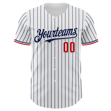 Load image into Gallery viewer, Custom White Navy Pinstripe Red Authentic Baseball Jersey
