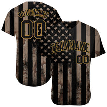 Load image into Gallery viewer, Custom Camo Black-Old Gold 3D Salute To Service American Flag Authentic Baseball Jersey
