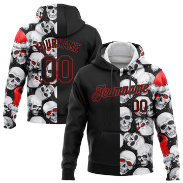 Custom Stitched White Black-Red 3D Skulls And Christmas Santa's Hat Sports Pullover Sweatshirt Hoodie