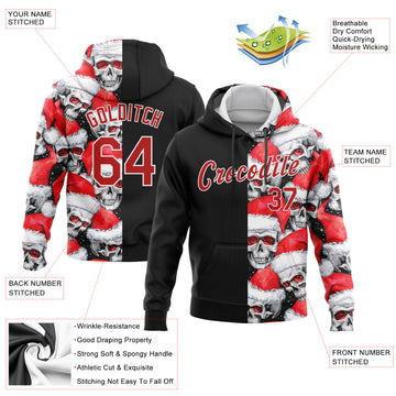 Custom Stitched Black Red-White 3D Skulls And Christmas Santa's Hat Sports Pullover Sweatshirt Hoodie