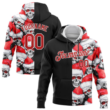 Custom Stitched Black Red-White 3D Skulls And Christmas Santa's Hat Sports Pullover Sweatshirt Hoodie