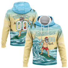Load image into Gallery viewer, Custom Stitched Light Blue White Kelly Green-Gold 3D Tropical Christmas Surfing Santa Sports Pullover Sweatshirt Hoodie

