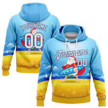 Load image into Gallery viewer, Custom Stitched Light Blue White Gold-Royal 3D Tropical Christmas Surfing Santa Sports Pullover Sweatshirt Hoodie
