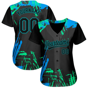 Custom Black Black Teal-Light Blue 3D Pattern Design Authentic Baseball Jersey