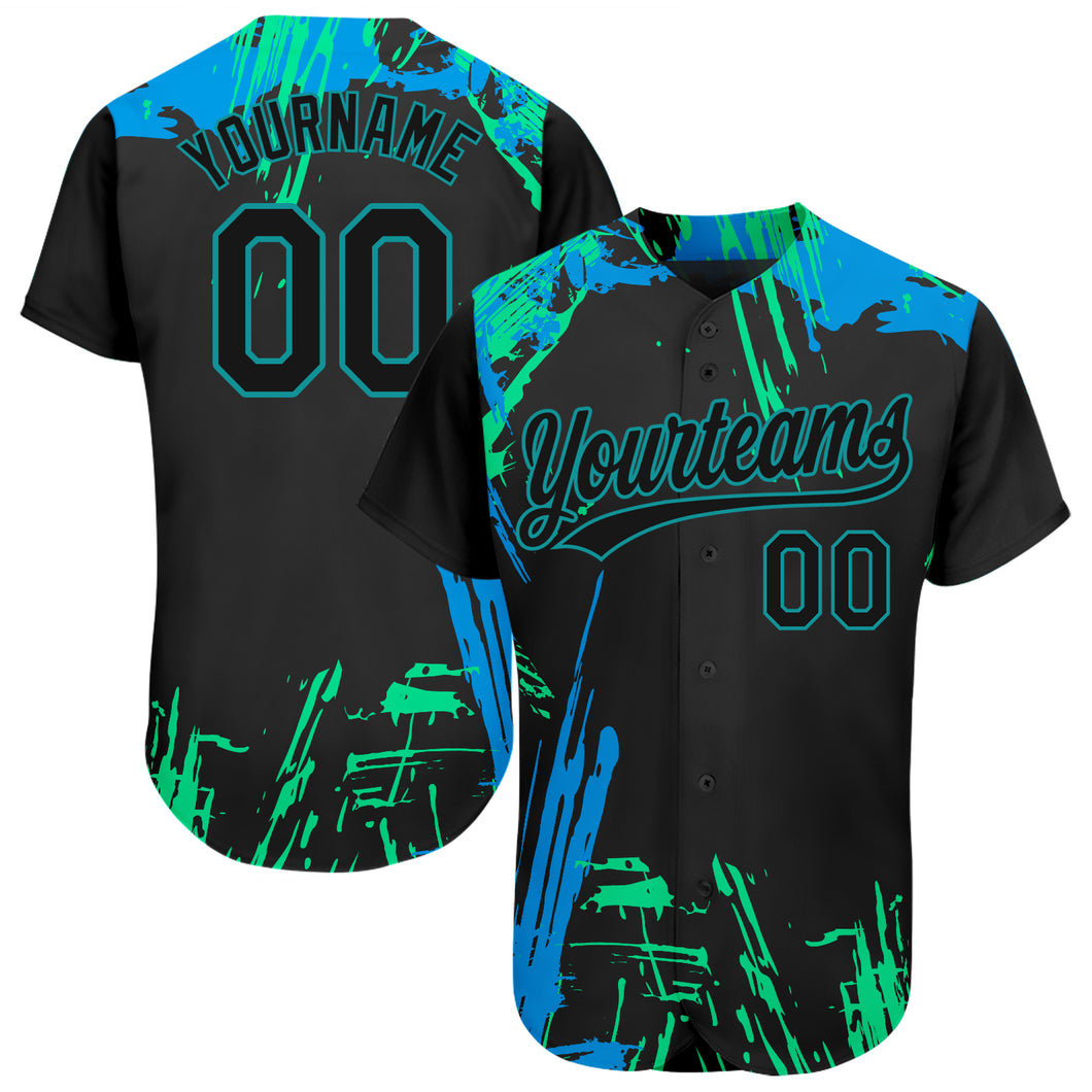 Custom Black Black Teal-Light Blue 3D Pattern Design Authentic Baseball Jersey