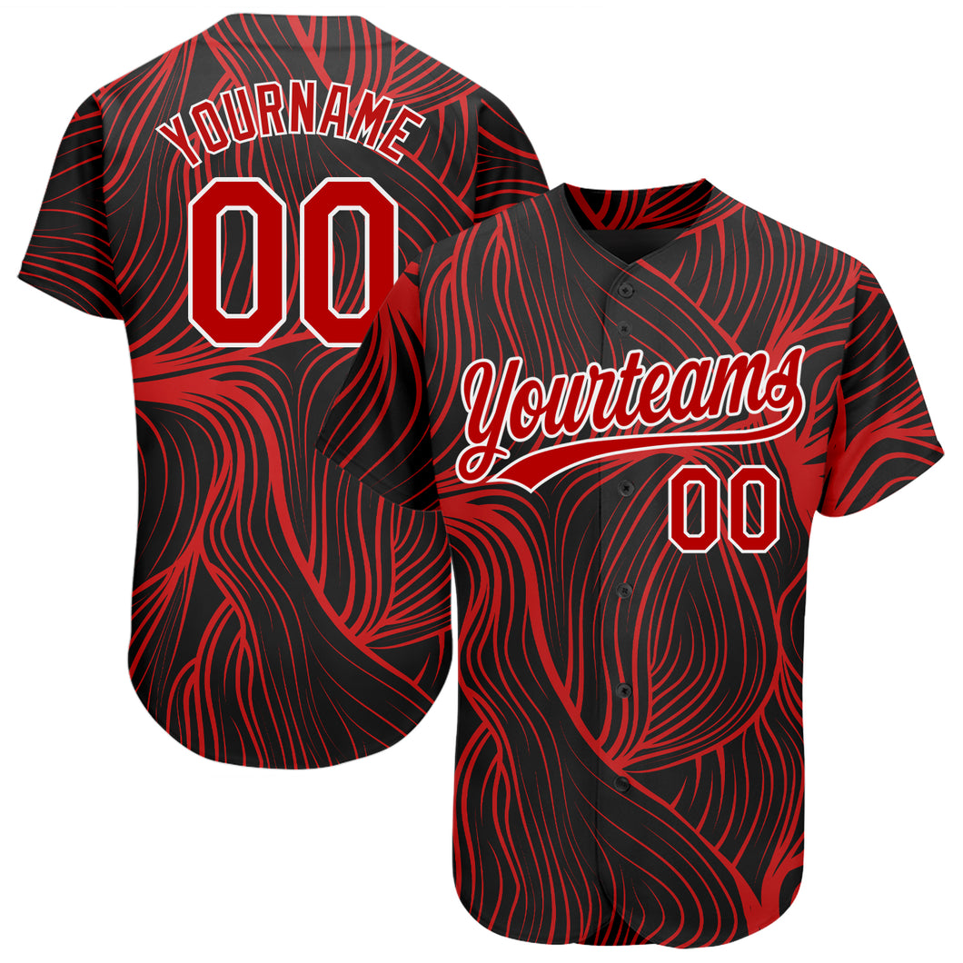 Custom Black Red-White 3D Pattern Design Authentic Baseball Jersey