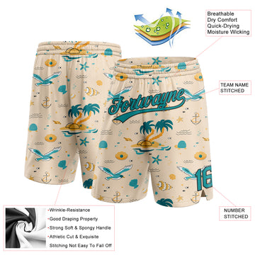 Custom Cream Teal-Black 3D Pattern Beach Hawaii Palm Trees Authentic Basketball Shorts