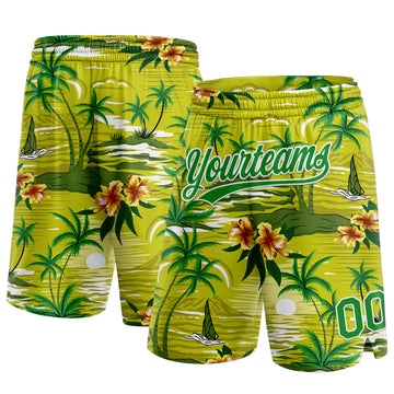 Custom Neon Green Grass Green-White 3D Pattern Tropical Hawaii Palm Trees Authentic Basketball Shorts