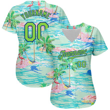 Load image into Gallery viewer, Custom Lakes Blue Neon Green-Royal 3D Pattern Design Beach Hawaii Palm Trees And Flamingo Authentic Baseball Jersey
